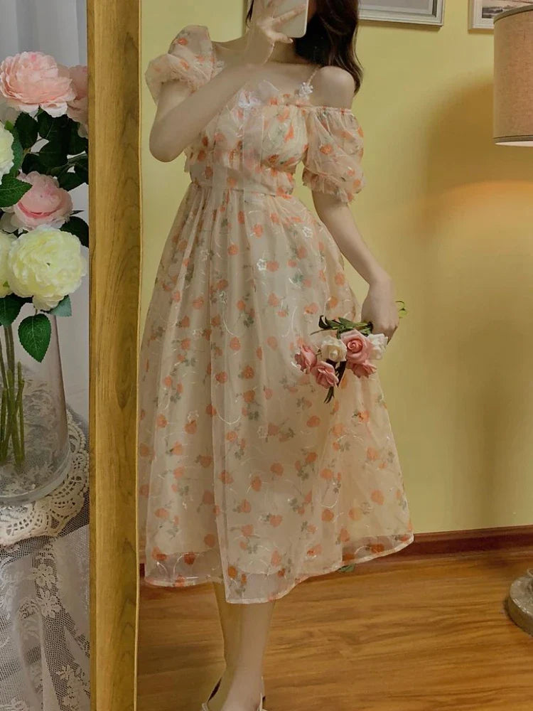 jinran Sweet Elegant Floral Fairy Dress Women Casual Vintage Chic Party Dress Evening Princess Dress Female 2024 Summer Fashion Korean