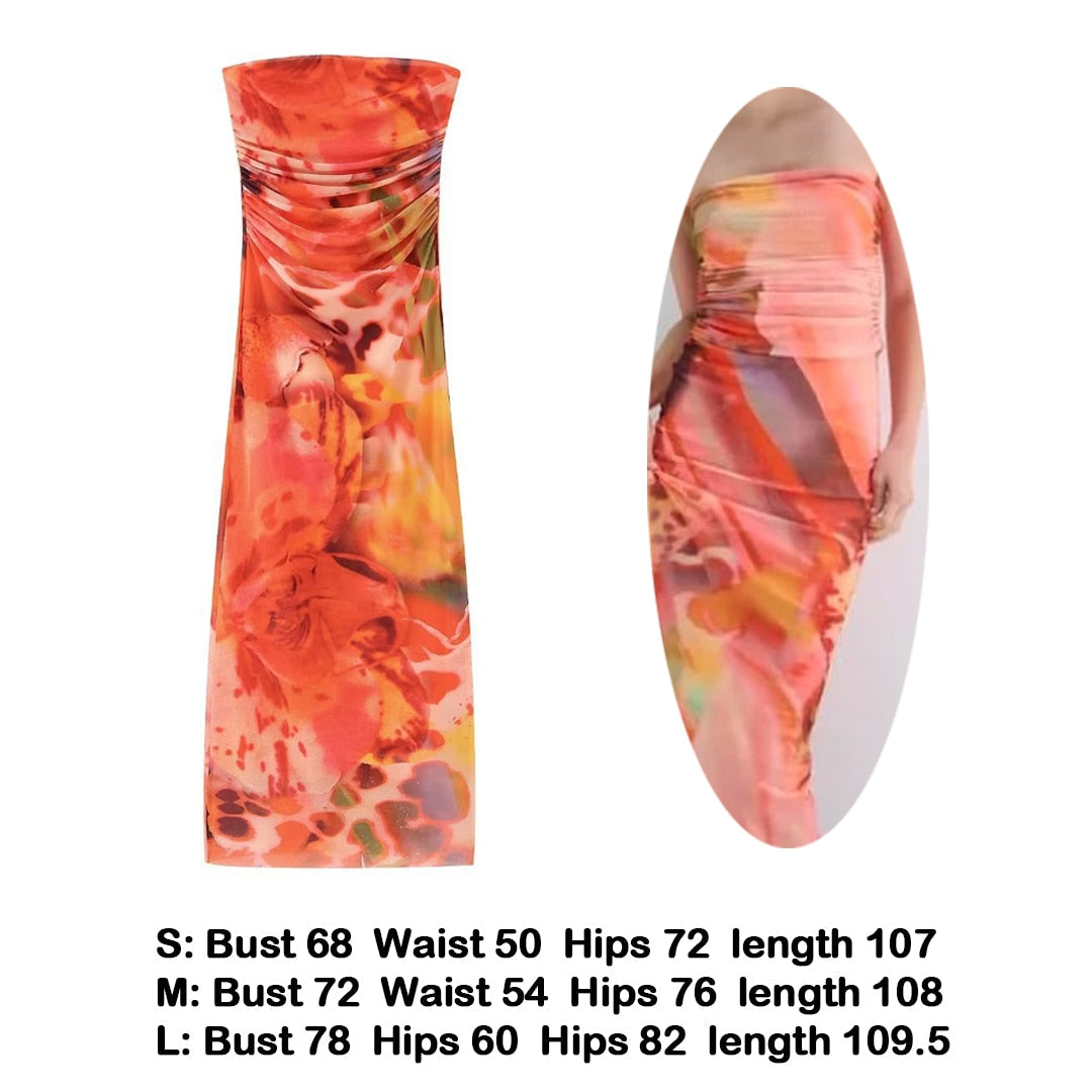 jinran Sexy Strapless Women Summer Dress 2023 Y2K Fashion Printed Slim Maxi Beach Dress Elegant Mesh Sleeveless Vacation Party Outfis