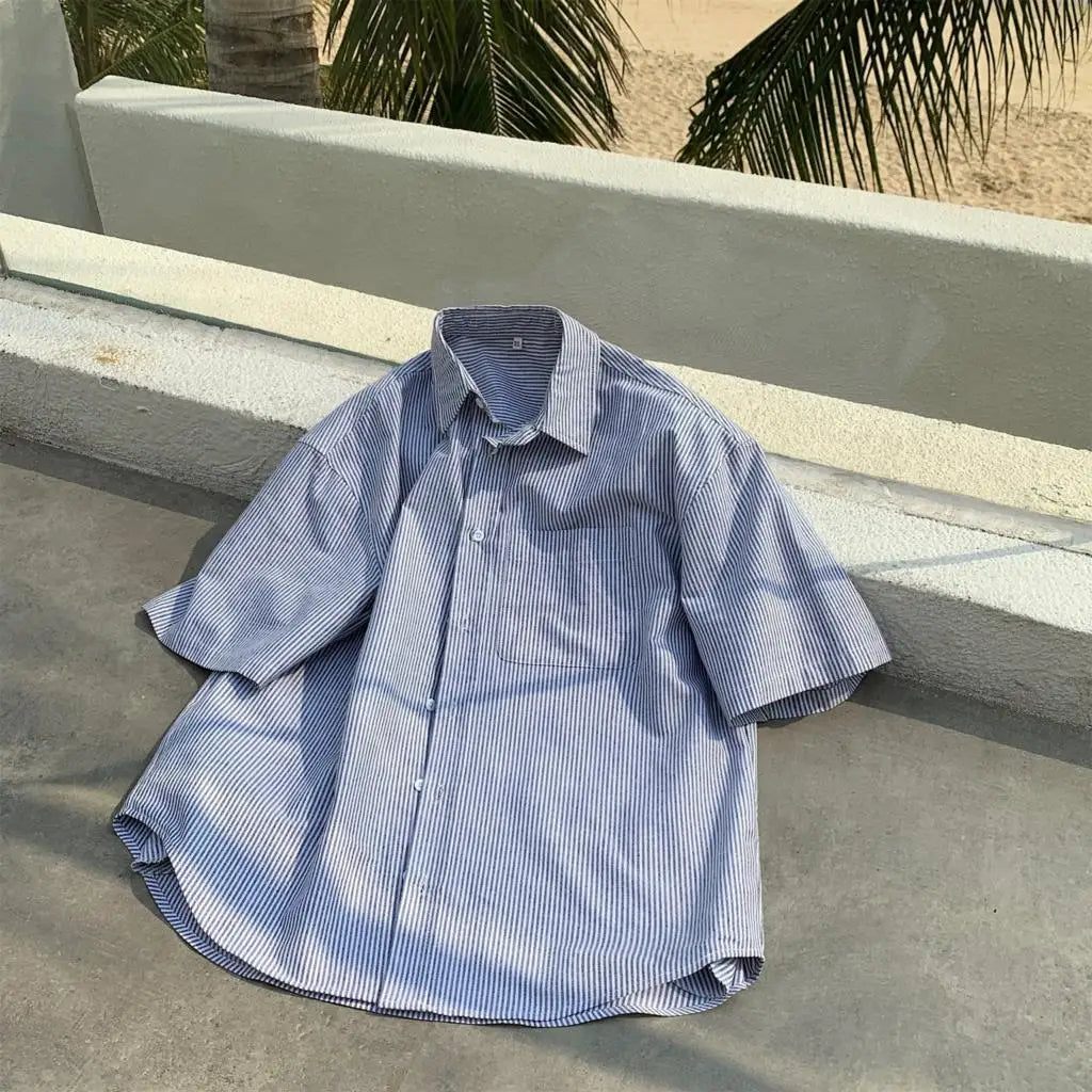 -Youth Korean Fashions Cotton Striped Shirts Oversized Vintage Button Up Shirts Japanese Casual Short Sleeve Shirts