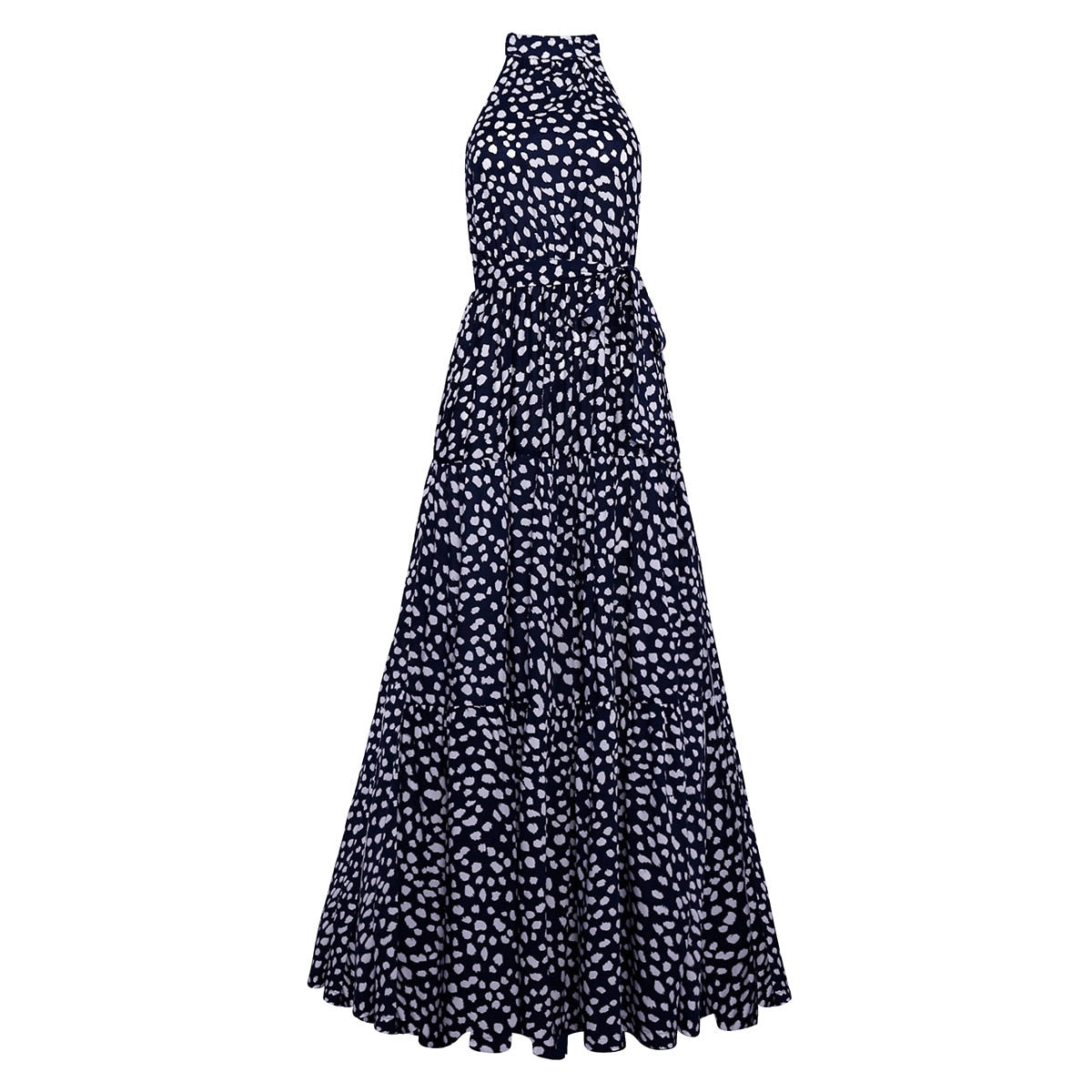jinran Polka Dots Vintage Women Summer Halter Maxi Boho Dress Sleevless Navy Blue Floral Print Long Sash Beige A-line Beach Casual Robe