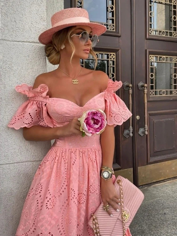 jinran Women Sexy Off Shoulder Lace Long Dress 2022 Solid Ruffle Cutout Boho Casual Holiday Beach Elegant Party Dresses Summer платье
