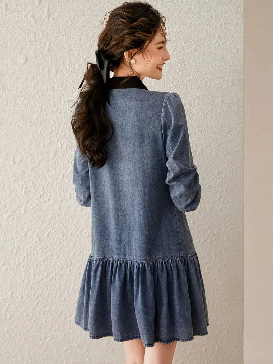 jinran Women Dress 2024 Summer Fashionable Washed Denim Dress Detachable Bow Tie Long Sleeve Polo Neck Short Dress for Women