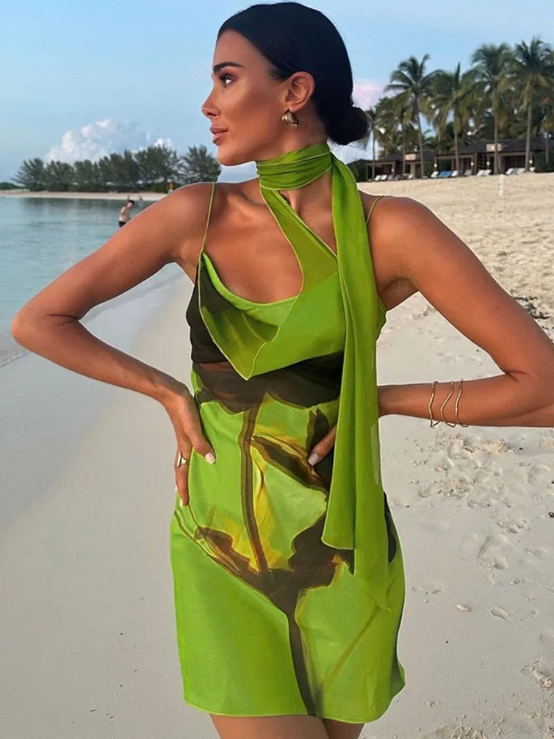 jinran Green Print Bandage Mini Slip Dress 2024 Woman Clothing Sleeveless High Waist Bodycon Package Hip Short Holiday Party Dresses