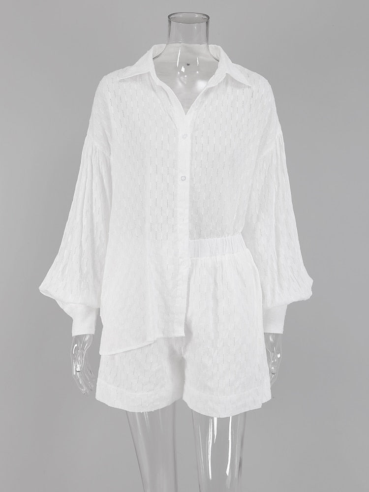 jinran White Elegant Jacquard Fabric Soft Vacation Suits Women Long Sleeves Shirts And Hot Pants Two Pieces Outfits Summer