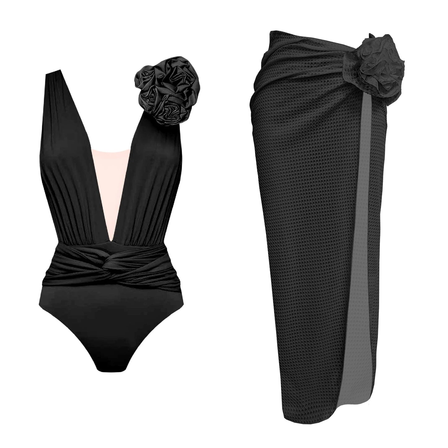jinran 2024 One Piece Swimsuit Women Swimwear with Beach Skirt V Neck Bathing Suit Flower Beachwear Monokini Swim Summer