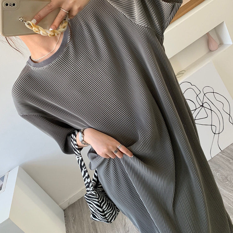 jinran Short Sleeve Dress Women Summer New Leisure Large Size Simple Solid Retro Fashion M-4XL Chic Soft Elegant Mid-calf Dress