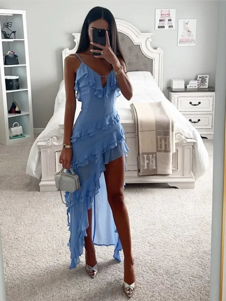 jinran Women Sexy Ruffles Spaghetti Strap Maxi Dress Casual V Neck Sleeveless Irregular Hem Elegant Beach Party Vestidos Femme