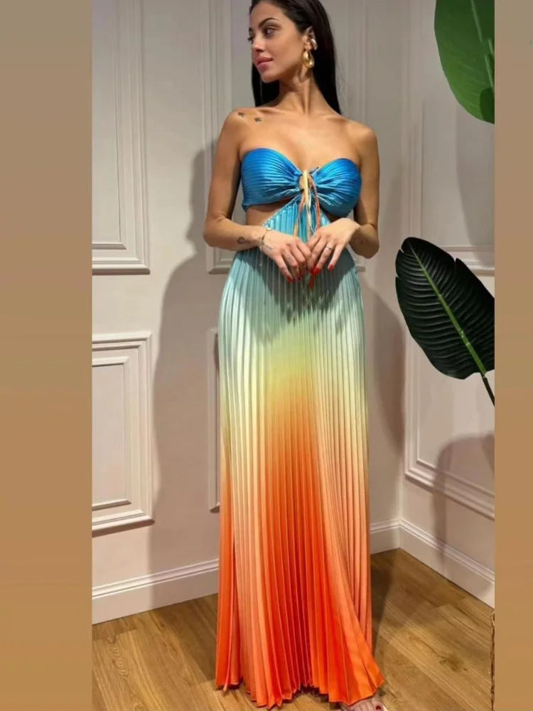 jinran New Summer Gradient Halter Pleated Long Dress Sexy Off Shoulder Backless Wrap Chest Sundress Women's Beach Vacation Dress