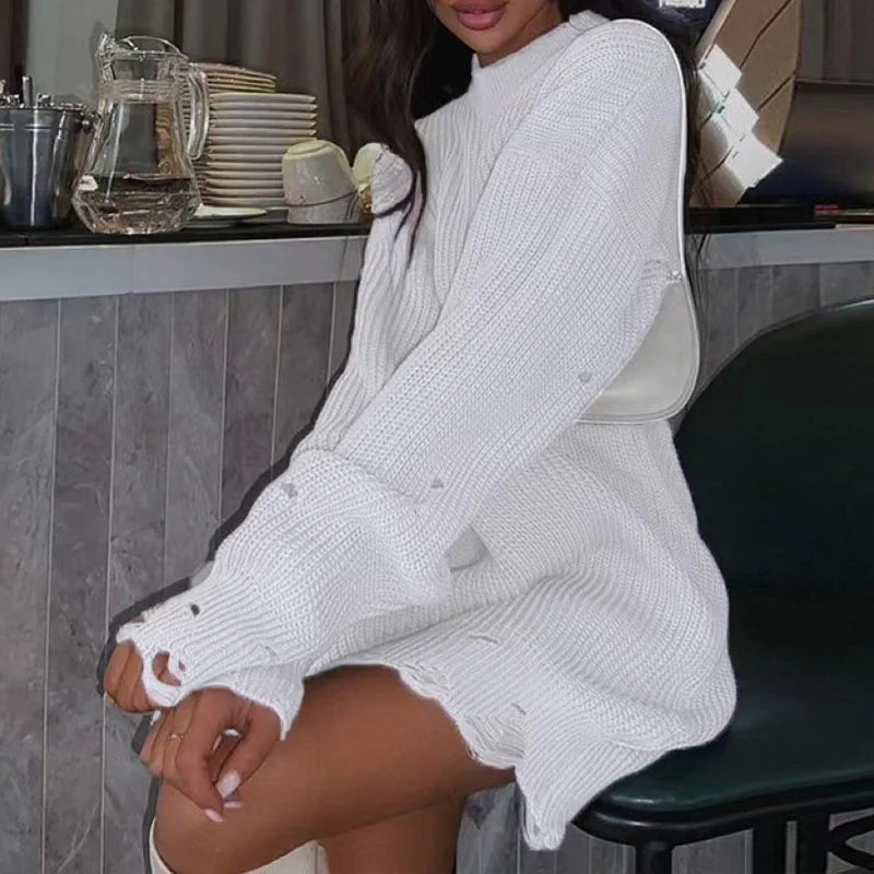 jinran Women Ripped Hole Knit Dress Autumn Winter Long Sleeve Mini Sweater Dresses Casual Loose Oversize Knitted Short Dresses