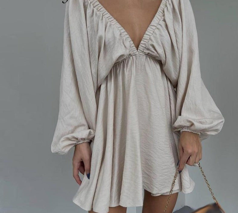 jinran Women Elegant Solid Loose Cotton Dress Summer Casual Long Sleeve Ruffle Dress Ladies Fashion V Neck A-line Party Dress Vestido