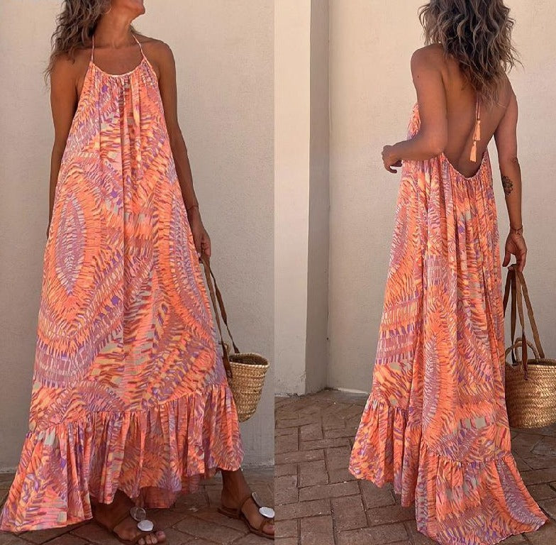 jinran summer new women's fashion casual temperament print sleeveless halter leaky back patchwork dress