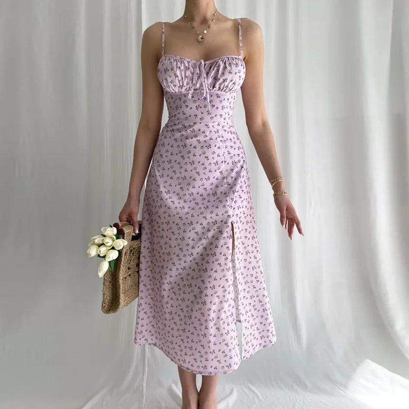 jinran 2024 Sleeveless Satin Slip Floral Ruched Bandage Cut Out Maxi Dress Summer Women Fashion Sexy Party Club Robe