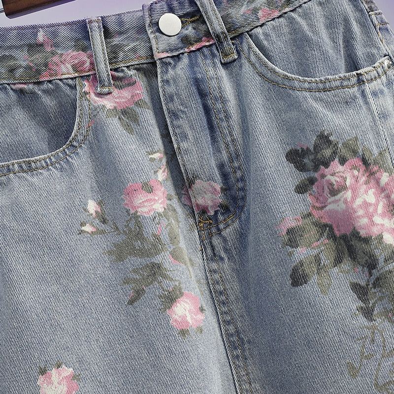 jinran Spring And Summer Trendy Flower Split Denim Skirt Women's 5XL Slightly Fat MM Thin Bag Hip Mid-length A-line Skirt