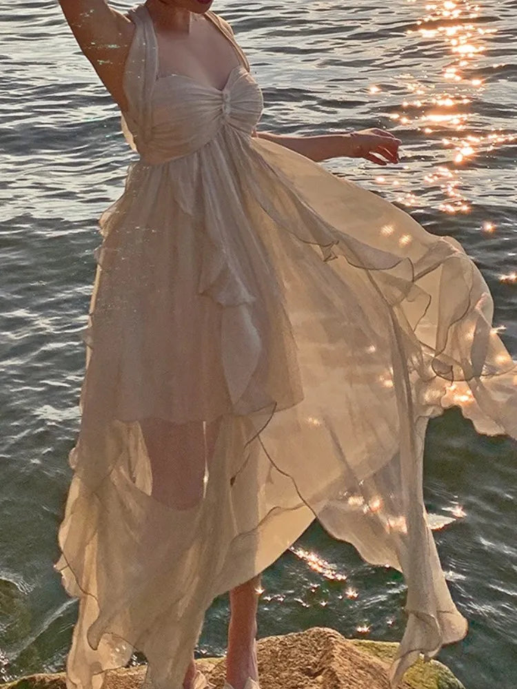 jinran France Fashion Irregular Beach Strap Dress Female Elegant Chiffon Fairy Party Vestidos Korea Summer Casual Clothing