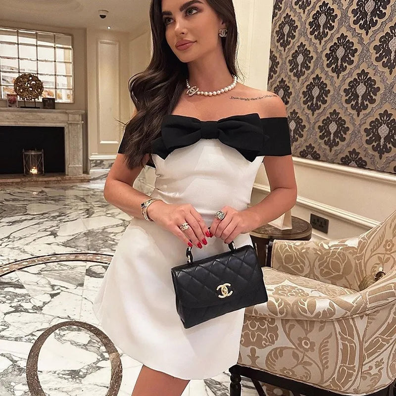 jinran Sexy Party Dress Women New Summer Strapless Sleeveless Bodycon Fashion Bow Patchwork Mini Dresses White Elegant Club Slim Dress