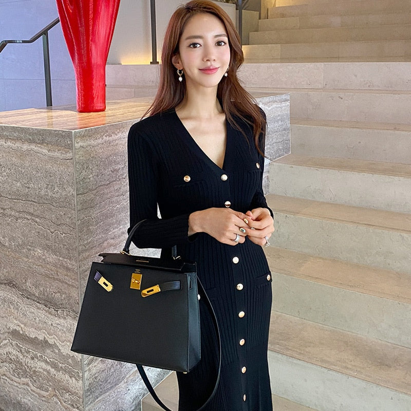 jinran Vintage Korean Maxi Dresses for Women Party Long Sleeve V-neck Mermaid Dress Elegant Fashion Ladies Vestidos Femme Autumn 2022