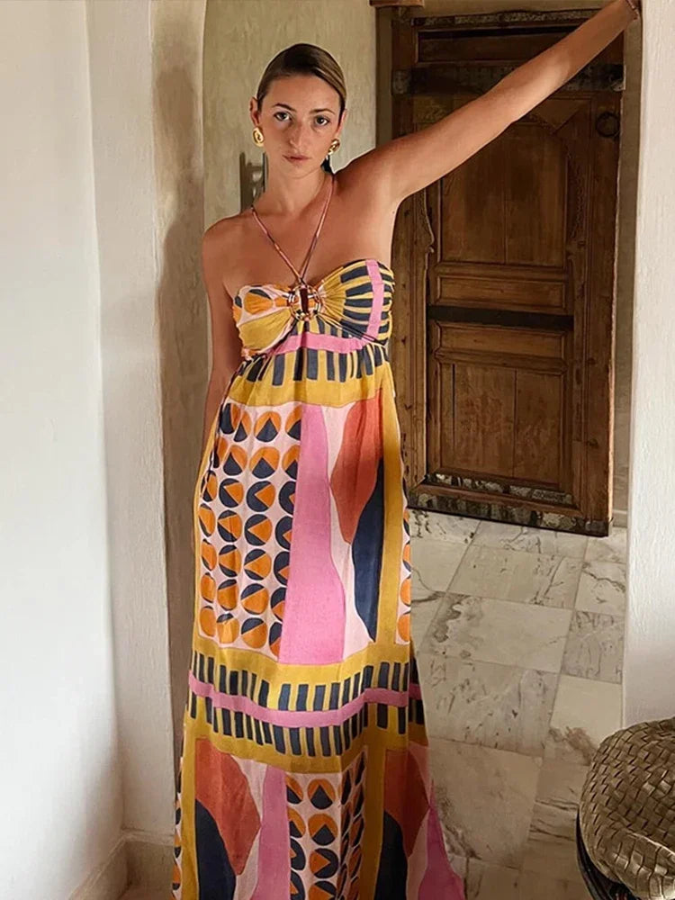 jinran Summer Printed Halter Long Dress Women Sleeveless Backless Lace Up Empire Female Dresses 2024 Holiday Lady Fashion Robes