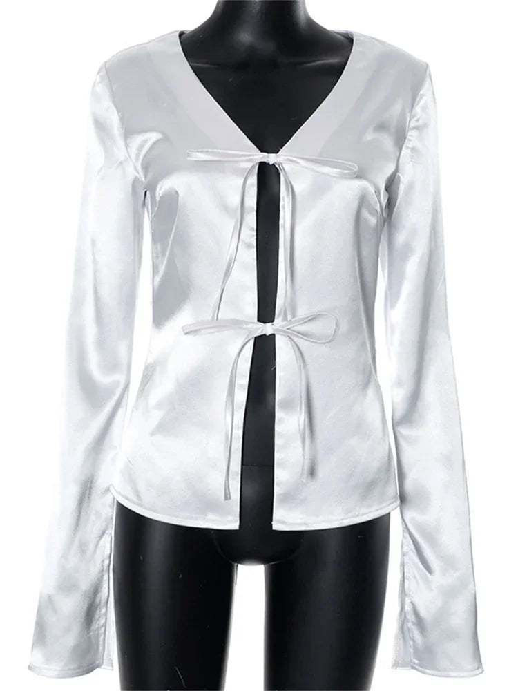 nvxiot - Satin Hollow Out Lace-Up Cardigan Top For Women V-Neck Solid Patchwork Cropped Shirts Casual Autumn Bandage Y2k Top Tee