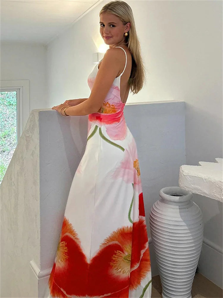 jinran Summer Printed Halter Dresses For Women Fashion Beach Holiday Spaghetti Backless Maxi Dress Female Elegant Party Dress New