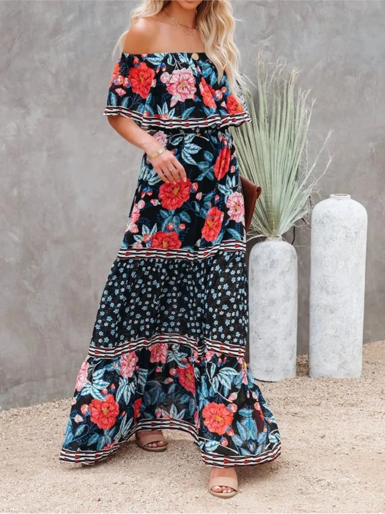 jinran Summer Women Print Boho Dress Fashion Sexy Slash Neck Maxi Dresses For Femme Casual Elegant Party Vestidos Robe 2024 New Female