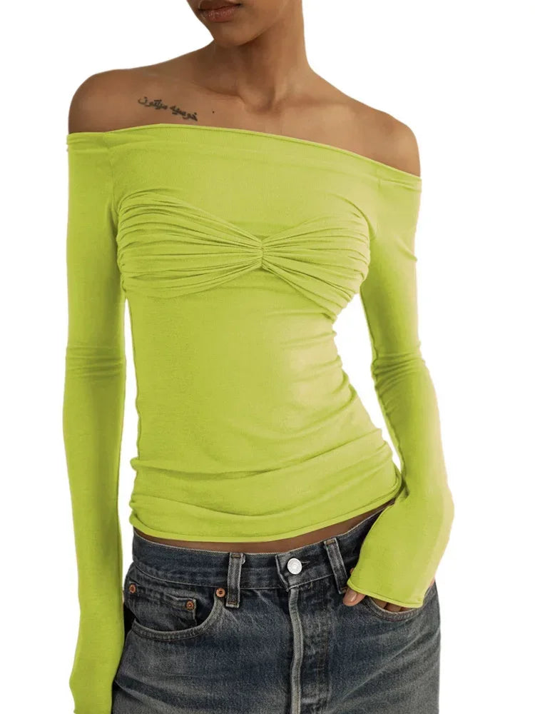 jinran Women Sheer Mesh Crop Top Twist See-Through Mesh Knit Copped Shirt Tops Bustier Off-Shoulder Long Sleeve Summer Hot Tops