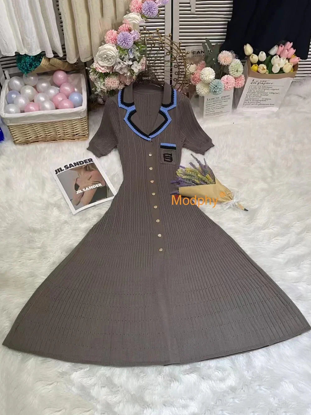 jinran 2024 Elegant Slim Knitted Long Dress Women's Letter Single Breasted Long Sleeved Designer Vintage Dresses Autumn