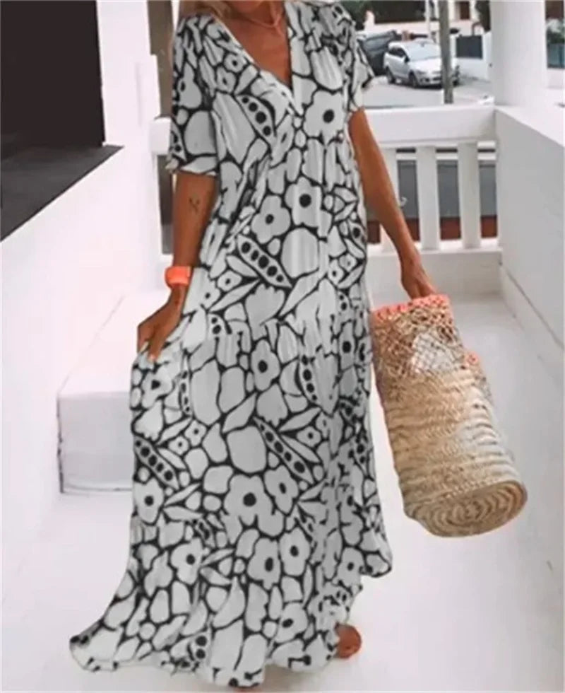 jinran Women's Bohemian Style Dresses Summer Deep V Neck Short Sleeve Dressy Ladies Comfortable Casual Large Hem Gown Trend Streetwear