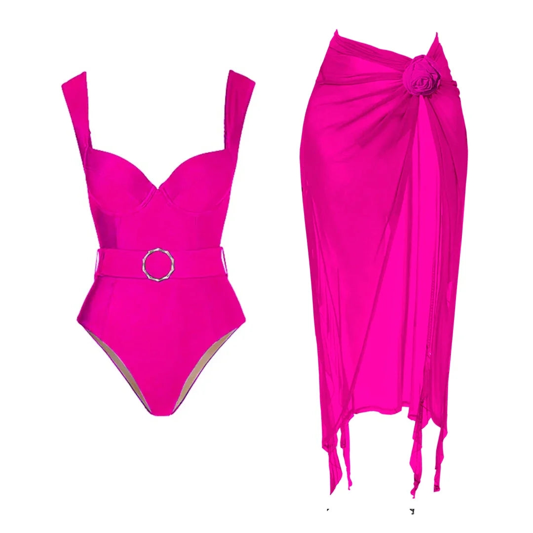 jinran 2024 One Piece Swimsuit Women Swimwear with Beach Skirt V Neck Bathing Suit Flower Beachwear Monokini Swim Summer