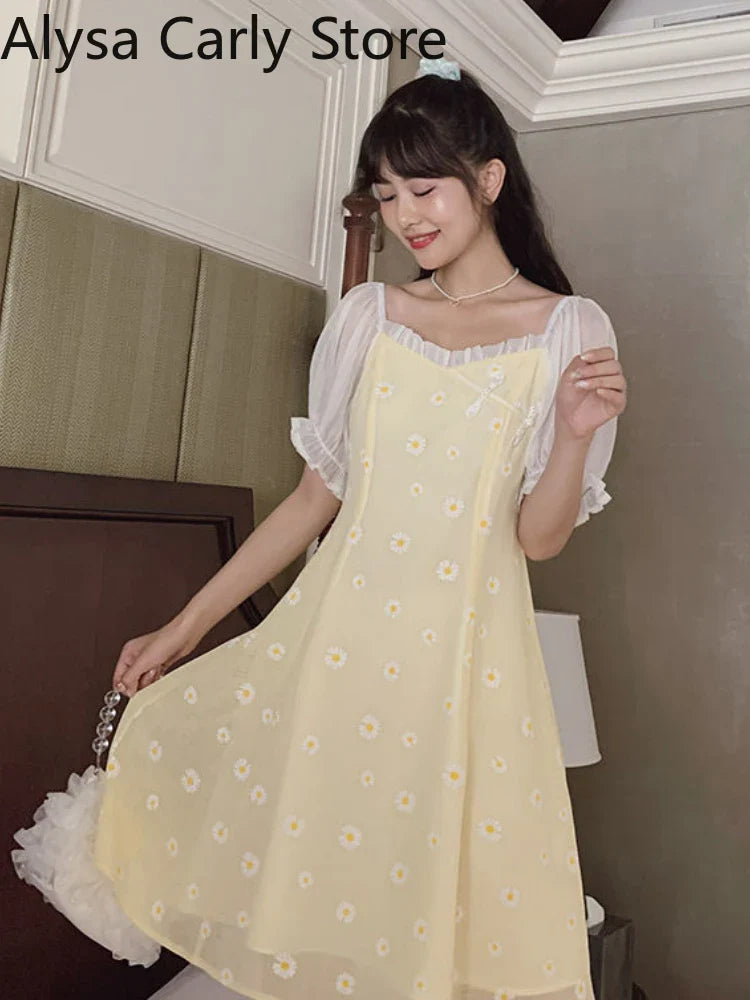 jinran Yellow Floral Vintage Dress Women Patchwork Chiffion Puff Sleeve Sweet Fairy Dress Female Elegant Korean Party Dress 2024 Summer
