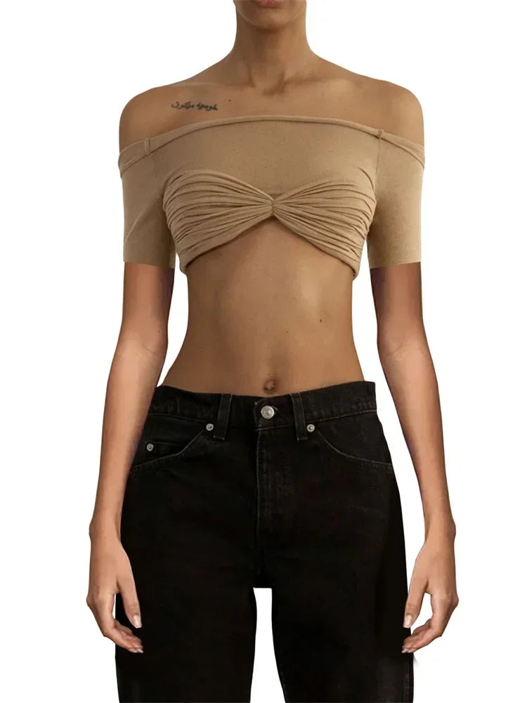 jinran Women Sheer Mesh Crop Top Twist See-Through Mesh Knit Copped Shirt Tops Bustier Off-Shoulder Long Sleeve Summer Hot Tops
