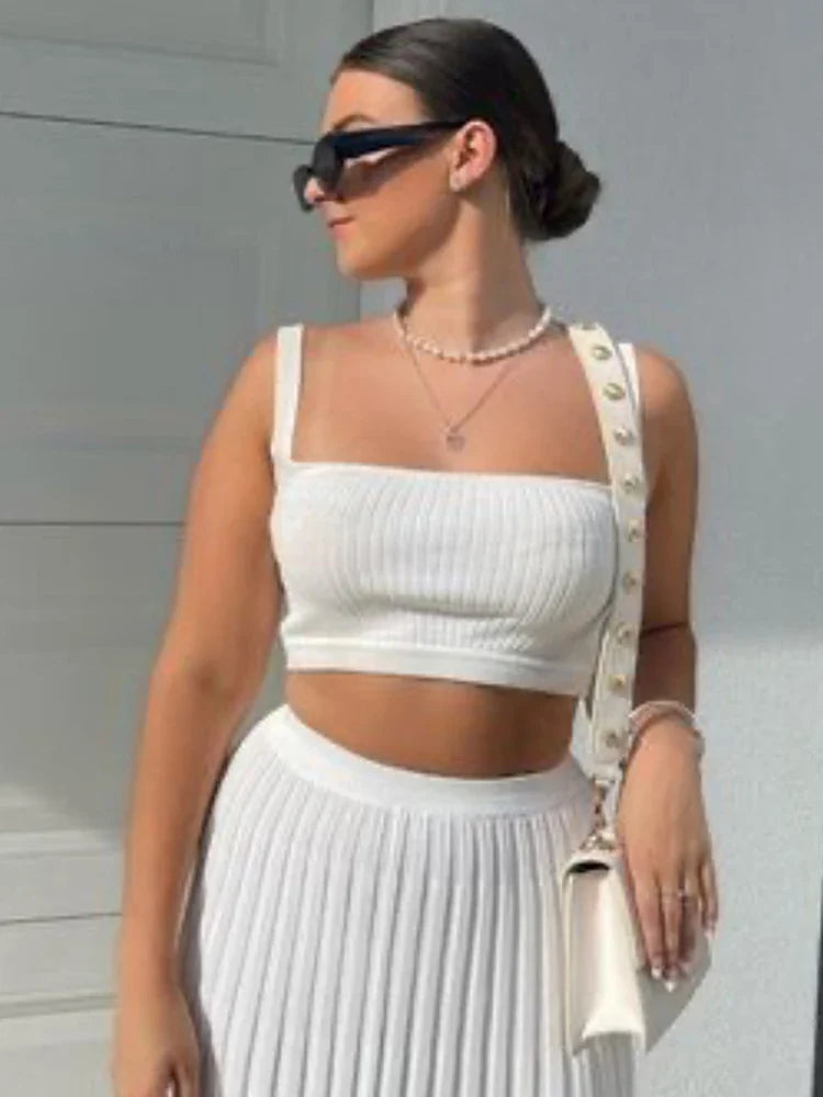 jinran New White Knit Two Piece Women Sets Fall Ribbed Tank Top And Pleated Knitted Skirt Suits For Women Long Dress Sets Summer