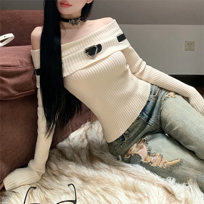 jinran Women Off Shoulder Slash Neck Sweater Long Sleeve Knitwear Solid Pullovers Sexy Girl Street Short Tops Y2k 2024 Fall Winter
