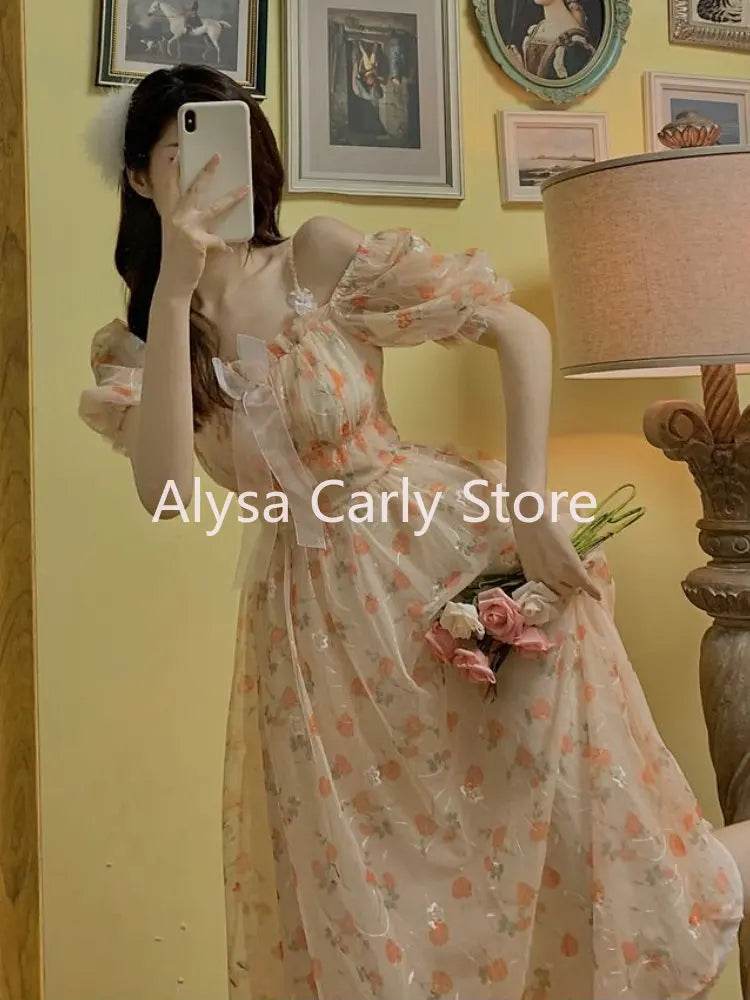 jinran Sweet Elegant Floral Fairy Dress Women Casual Vintage Chic Party Dress Evening Princess Dress Female 2024 Summer Fashion Korean
