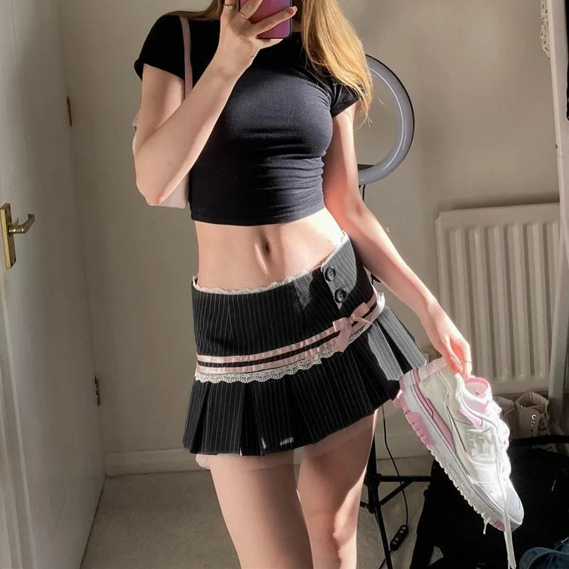 jinran Summer Skirt Women Sweet Streetwear Fashion Lace Patchwork Bandage Casual Sexy Slim Mini Skirt Solid Party Elegant Skirts Female