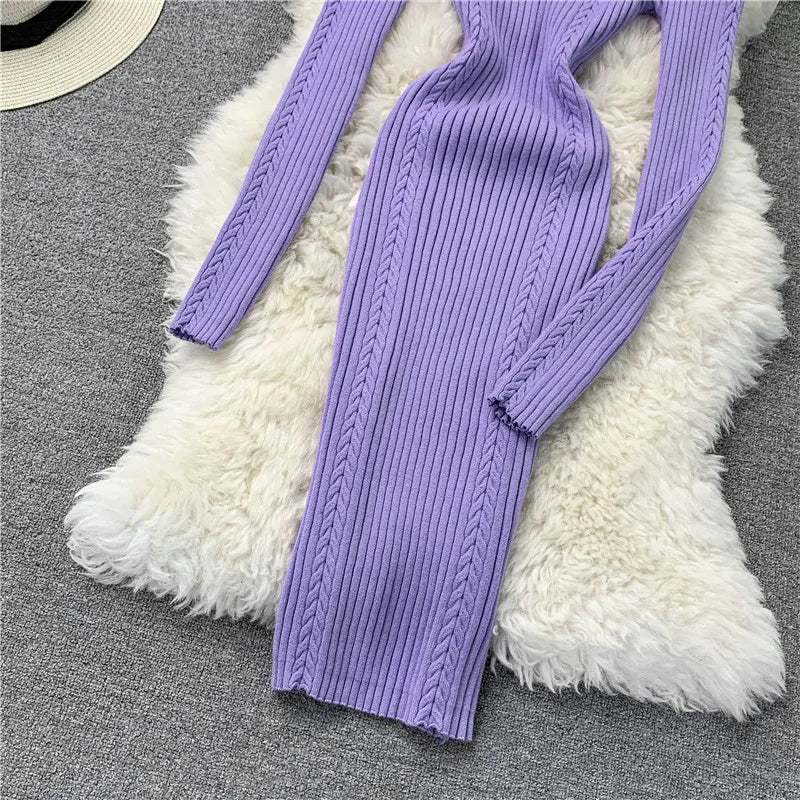 jinran Women Chic Elegant O-neck Elastic Bodycon Dress Sexy Long Sleeve Fashion Knit Vestidos Basic Autumn Winter Casual Sweater Dress