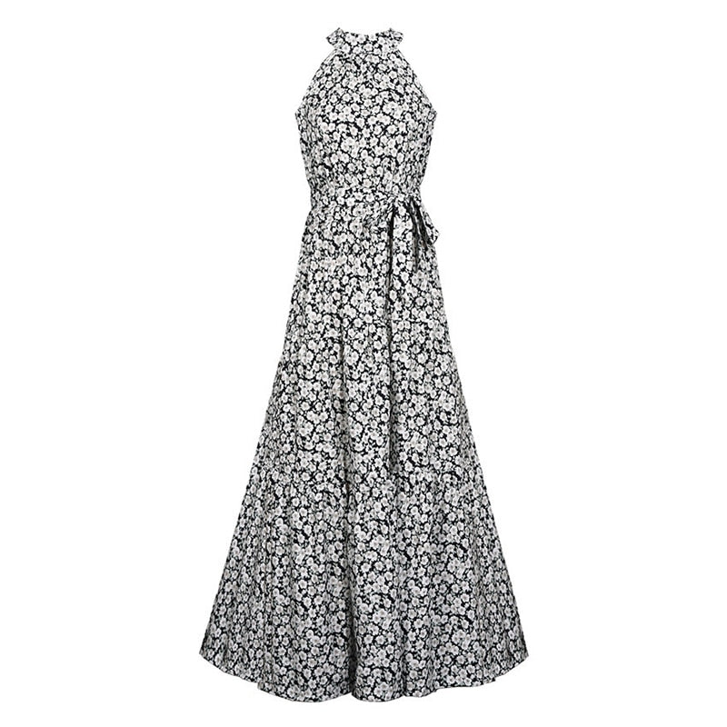 jinran Polka Dots Vintage Women Summer Halter Maxi Boho Dress Sleevless Navy Blue Floral Print Long Sash Beige A-line Beach Casual Robe