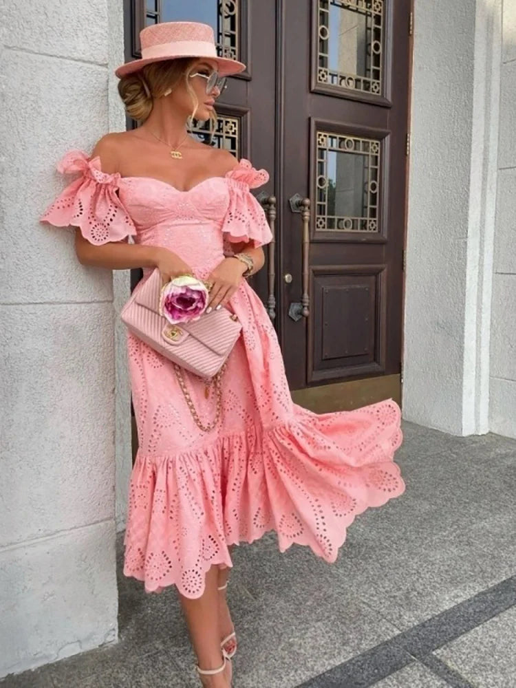 jinran Women Sexy Off Shoulder Lace Long Dress 2022 Solid Ruffle Cutout Boho Casual Holiday Beach Elegant Party Dresses Summer платье
