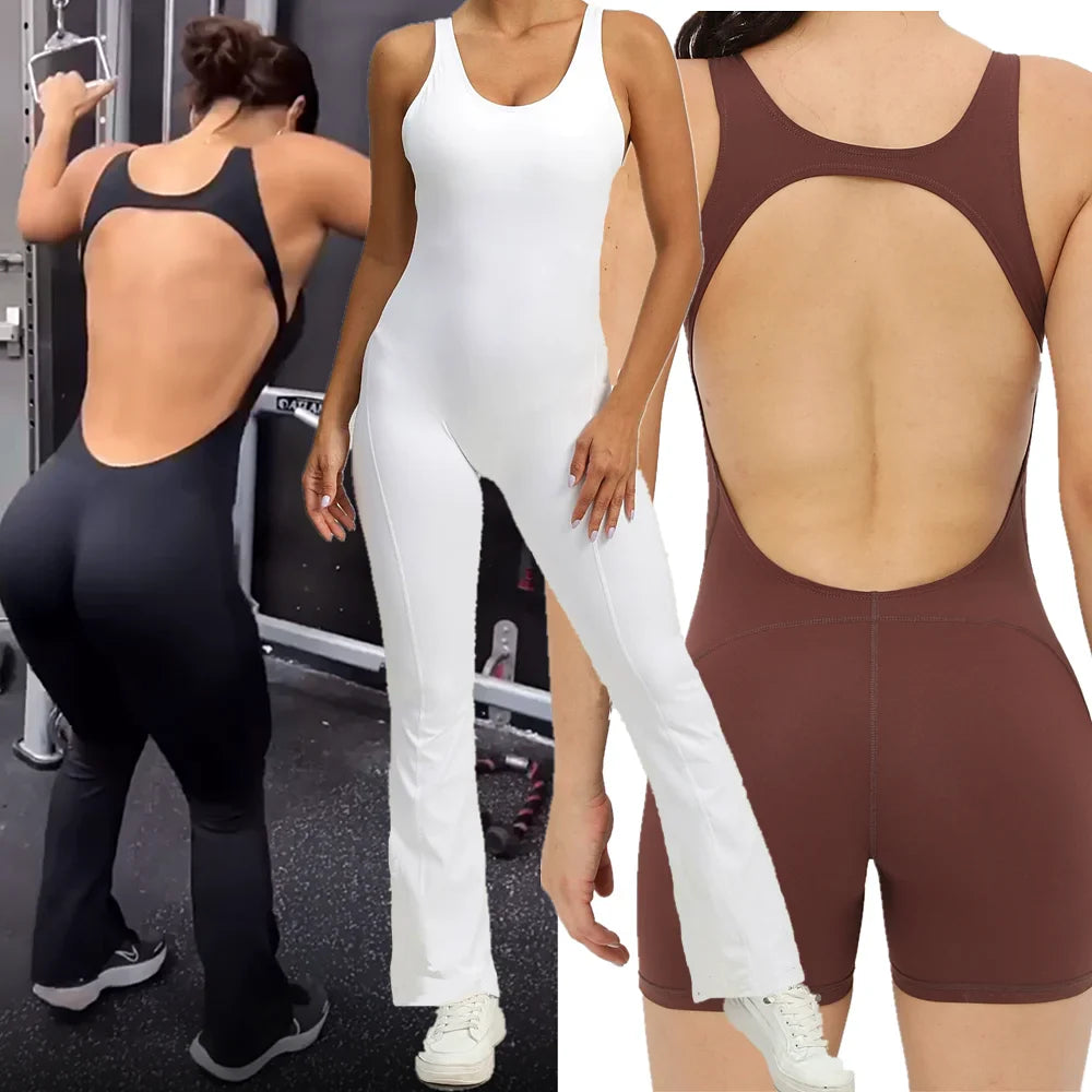 jinran 2024 Mini Flare Women Tracksuit Pad Yoga Set One Piece Jumpsuit Workout Legging Rompers Sport Gym Exercise Wear Active Suit