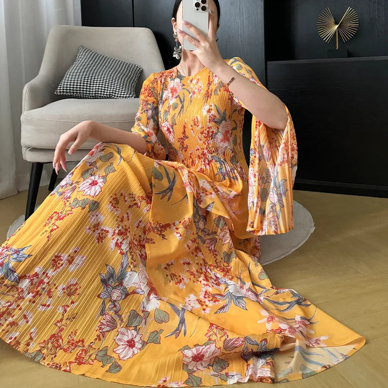 jinran 2024 Summer New Women's Printed Irregular Hem Splicing Dress Bohemian Style Fashion Holiday Leisure Pleated Dress