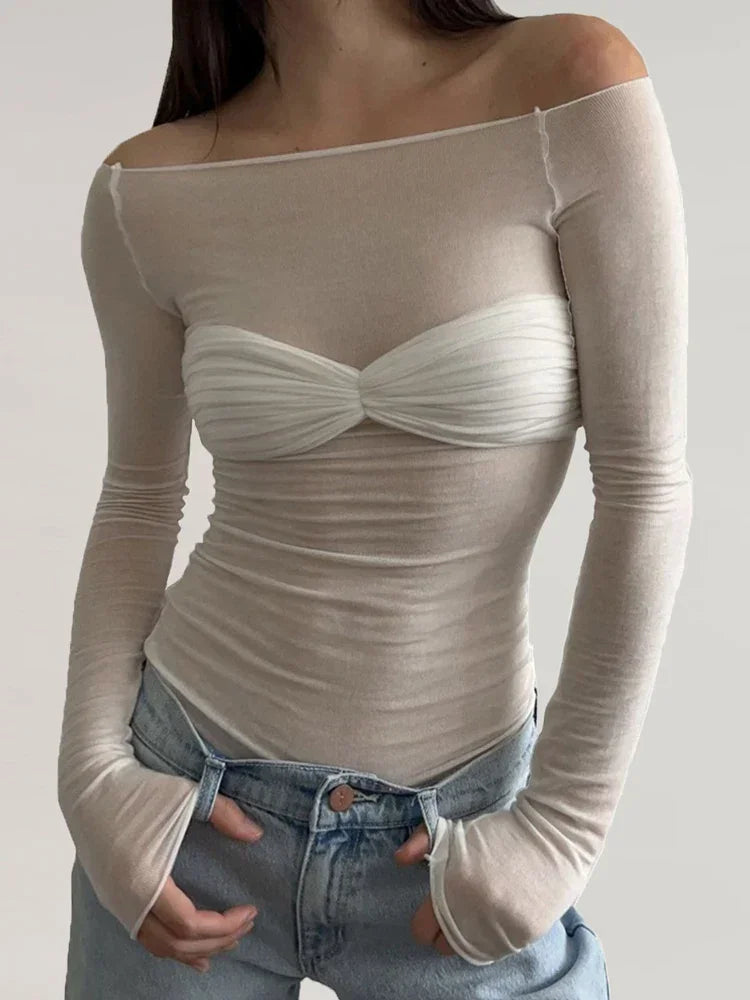 jinran Women Sheer Mesh Crop Top Twist See-Through Mesh Knit Copped Shirt Tops Bustier Off-Shoulder Long Sleeve Summer Hot Tops