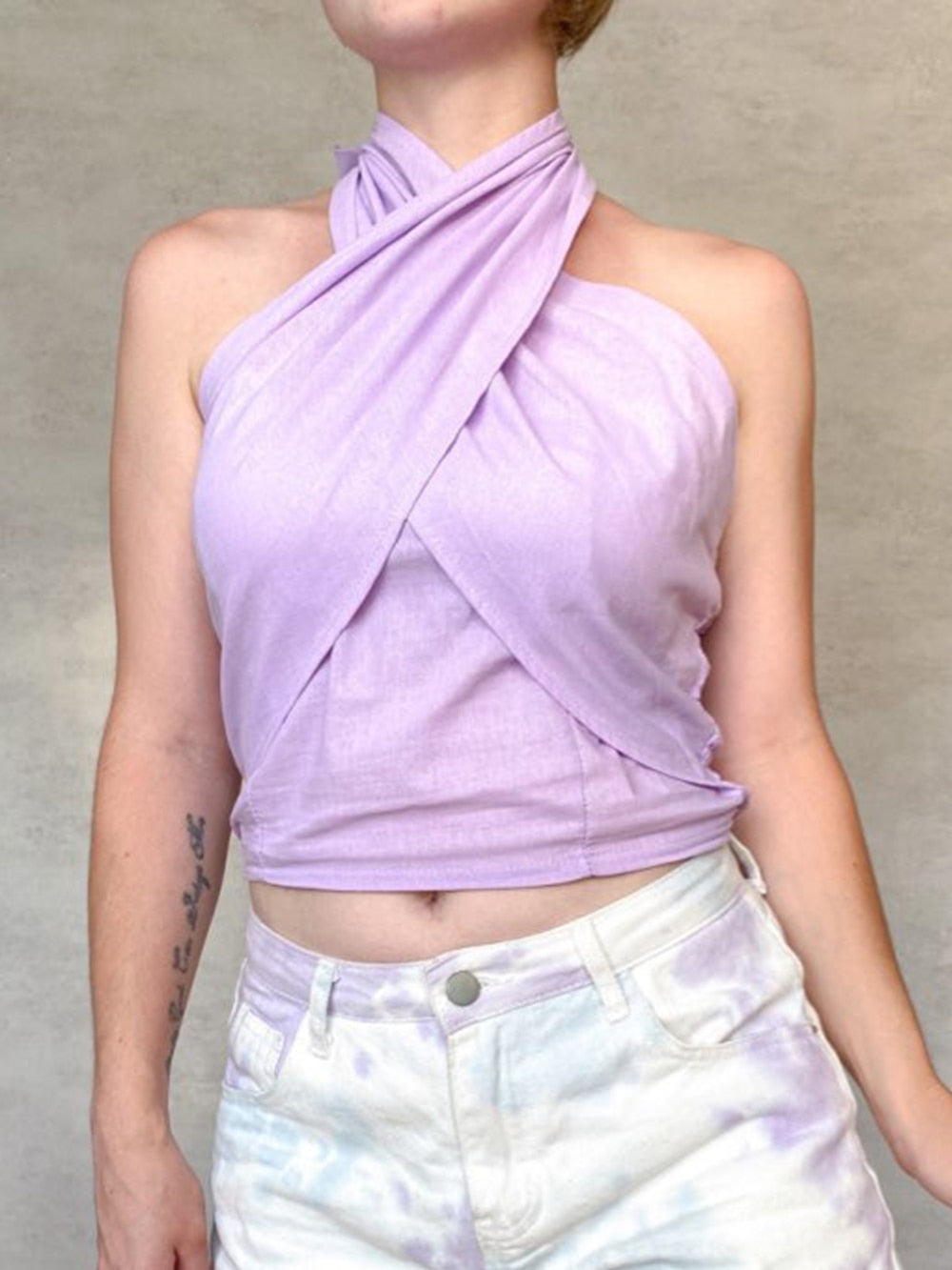jinran Women Criss Cross Tank Summer Tops Sexy Sleeveless Halter Neck Top Solid Color Crop Top Bandage Vest Female Outwear Outfits