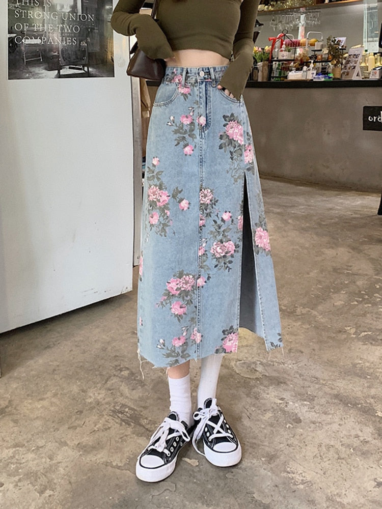 jinran Spring And Summer Trendy Flower Split Denim Skirt Women's 5XL Slightly Fat MM Thin Bag Hip Mid-length A-line Skirt