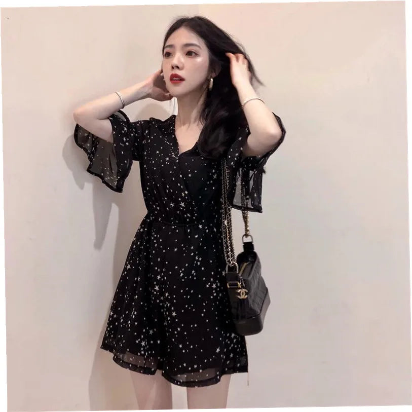 jinran Korean Elegant Chiffon Mini Dress Women Sexy V-neck Floral Fairy Dress Female 2024 Summer Fashion Casual Evening Party Dress Y2k