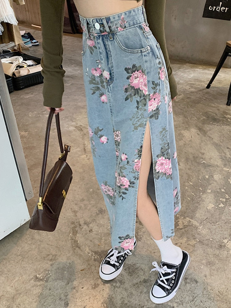jinran Spring And Summer Trendy Flower Split Denim Skirt Women's 5XL Slightly Fat MM Thin Bag Hip Mid-length A-line Skirt