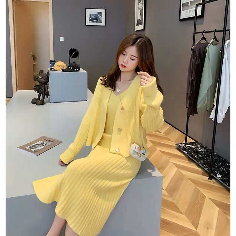 jinran Womans Clothes for Autumn Winter Loose Solid Knitwear Women's Two Piece V-Neck Casual Dress Set Long Sleeve Sweater Skirt