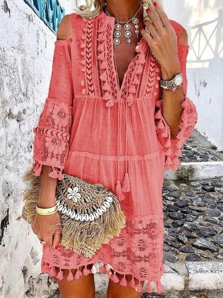 jinran New Spring Embroidery Crochet Lace Boho Dress Women Elegant Off Shoulder Tassel Ruffle Mini Dress Summer V Neck Lady Beach Dress