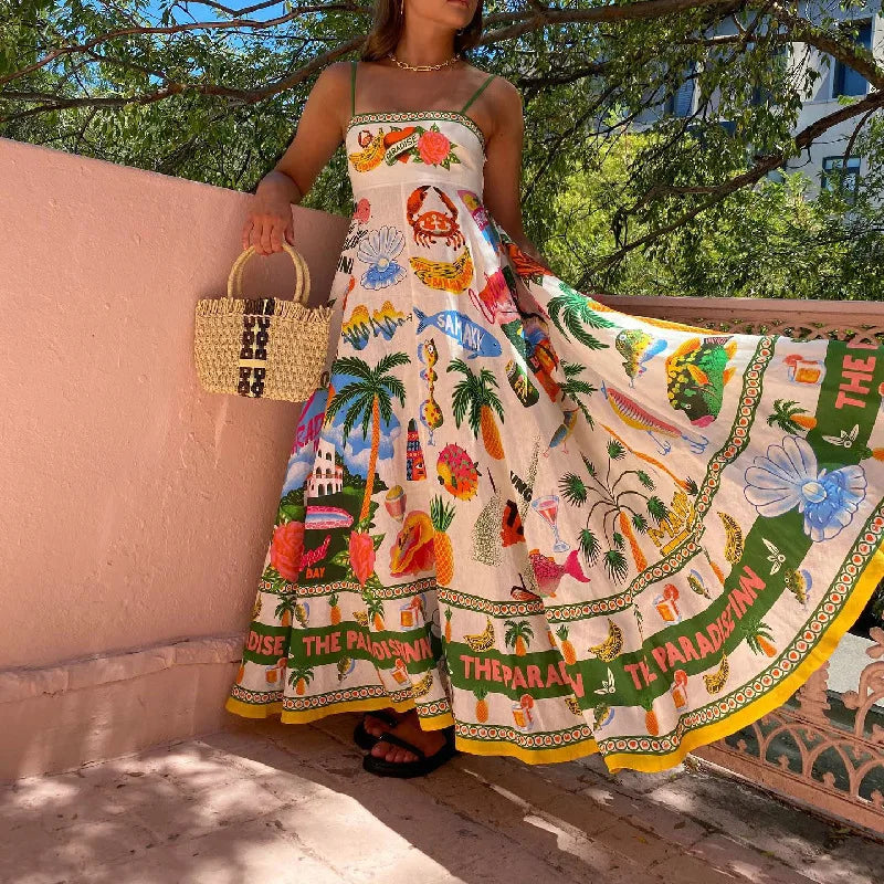 jinran Printed Slim Linen Maxi Dress Women Summer Elegant Sleeveless Backless Swing Pleated Long Dresses Holiday Bohemian Robes