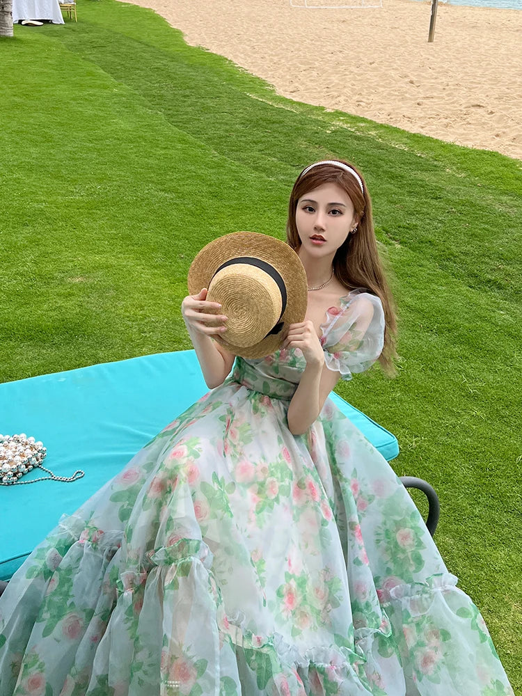 jinran Vintage Floral Evening Midi Maxi Dresses for Women Elegant Casual Party Prom Green Holiday Princess Fairy Long Dress Summer 2024