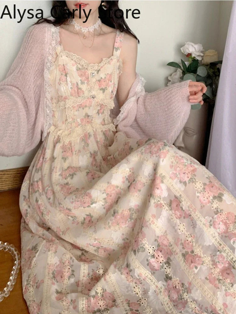 jinran Chiffon Lace Strap Dress Women Floral Embroidery Fairy Vintage Long Dress Female Sweet Princess Casual Party Dresses 2024 Summer