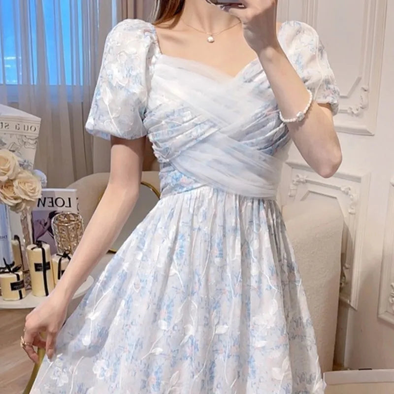 jinran Summer Puff Sleeve Women Dress For Party French Eleganrt Floral Print Vestidos Lady Dresses Sweet Birthday Female Robe A-line